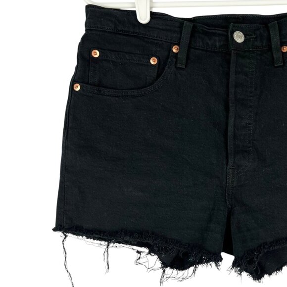 Levis 501 Women's Stretch Raw Hem Black Denim Shorts Size 30 Mid Rise Fly Button - Picture 3 of 11
